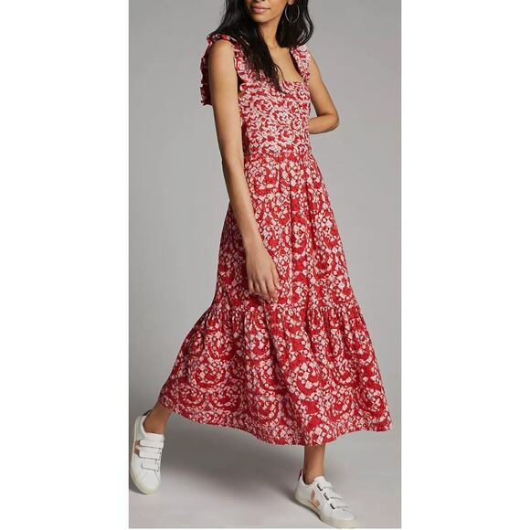 Anthropologie Atelier 1756 Colombia Amal Red Eyelet Midi Dress Size Small - Picture 1 of 9